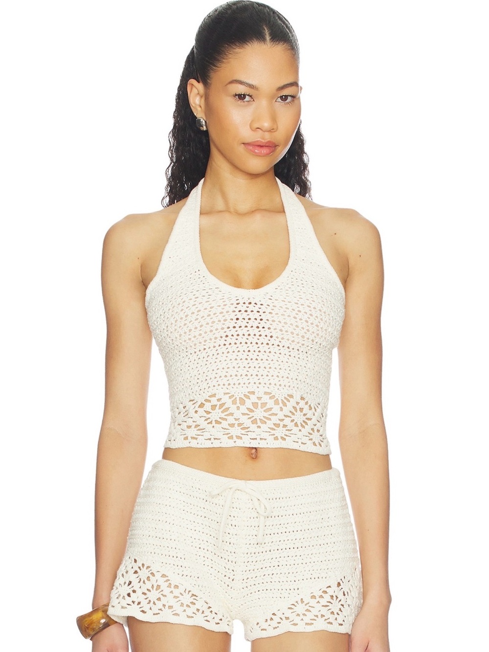 Tularosa Cream Crochet Halter Crop Top & Shorts Set